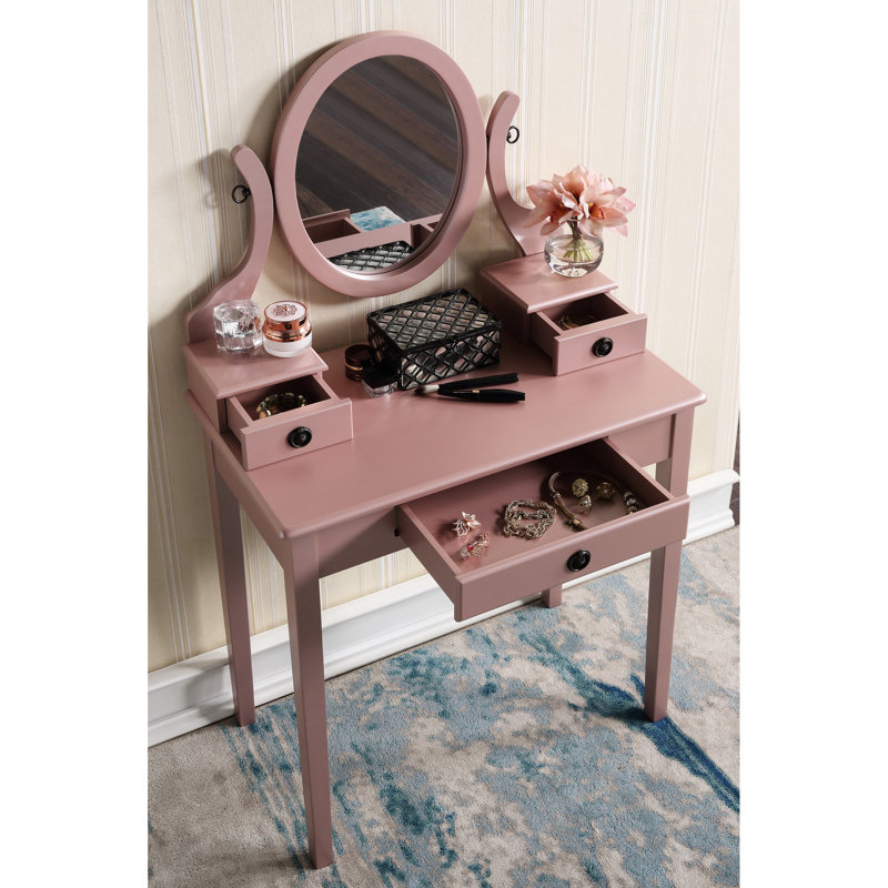 Coiffeuse et chaise en or rose, 3 compartiments de rangement en bois, miroir ovale réglable, plateau de table spacieux pour le maquillage, siège de tabouret rembourré, maquillage en bois avec tabouret, rangement de tiroirs Gleam, lisse