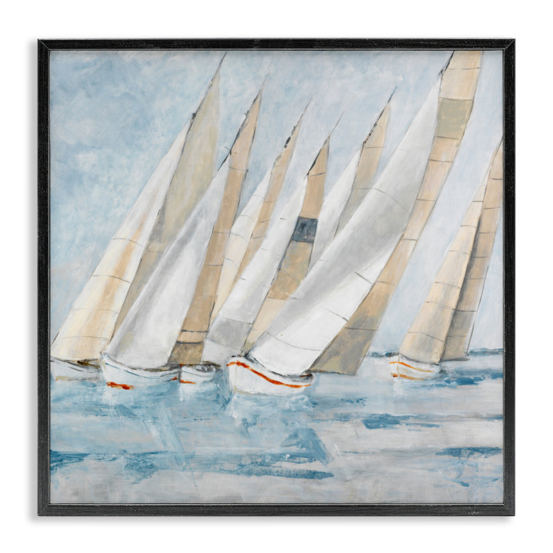 Voilier, régate côtière, scène giclée, design par Lorenzo Collective, H 24 po x l 24 po, Giclée encadrée noir minuit