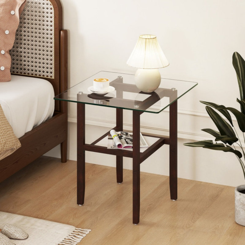 24 Inch 2-Tier Square Glass Coffee Table Centre Table with Storage Shelf