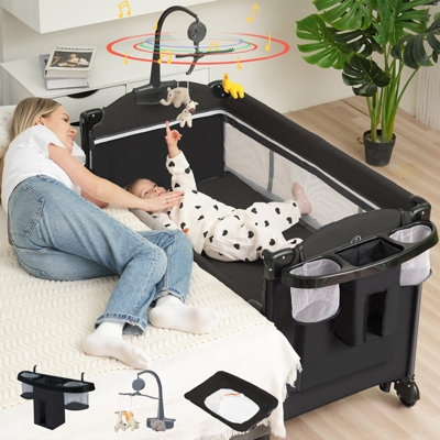 5 In 1 Baby Bassinet Bedside Sleeper, Pack And Play Bassinet With Diaper Changer/Mattress/Music, Bedside Crib With Storage, Playard With Bassinet From Newborn To Toddler