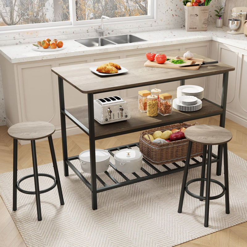 3-Tier Kitchen Island with 2 Stools