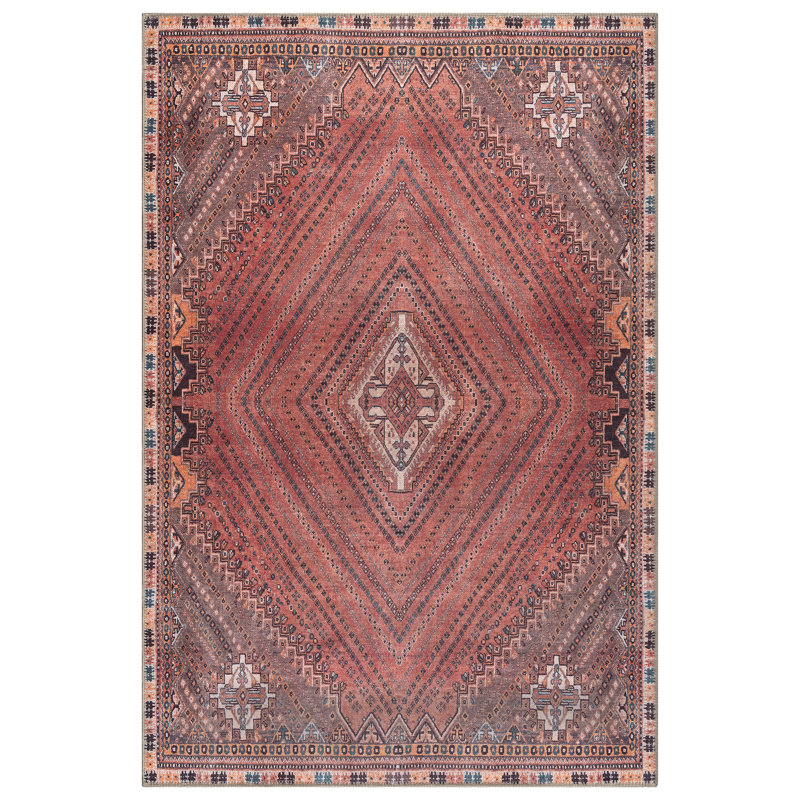 Tapis traditionnel lavable antidérapant 3 pi x 5 pi rouge / multicolore, Rectangulaire 3 pi x 5 pi