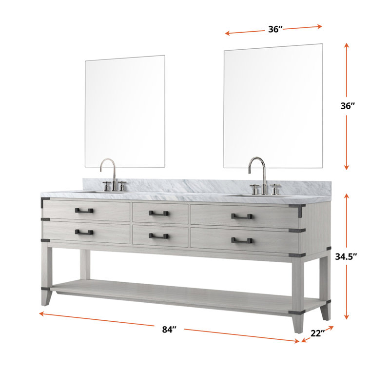 Meuble-lavabo double en chêne blanc 84 po X P 22 po D, dessus en marbre de Carrare, ensemble de robinet et Miroirs