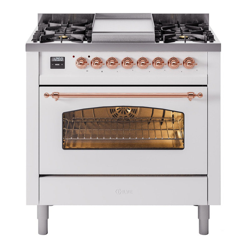 ILVE Nostalgie II 36 Dual Fuel Range, knobs, RAL/Brass, Liquid Propane