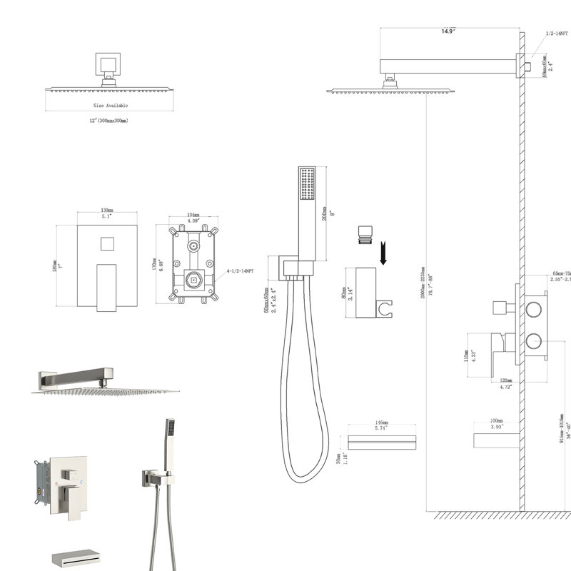 Brushed Nickel 12" Wall Mounted Shower System With Waterfall Tub Spout. 3 Shower: Rainfall Head, Handheld. Valve. Easy Installation And Cleaning. Includes Arm, Handheld, Spout, Hose, Holder, Valve