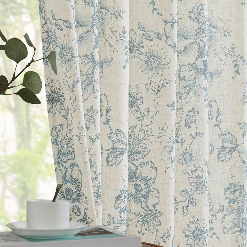 Blue Linen Semi Sheer Rod Pocket Window Panels with Peony Pattern