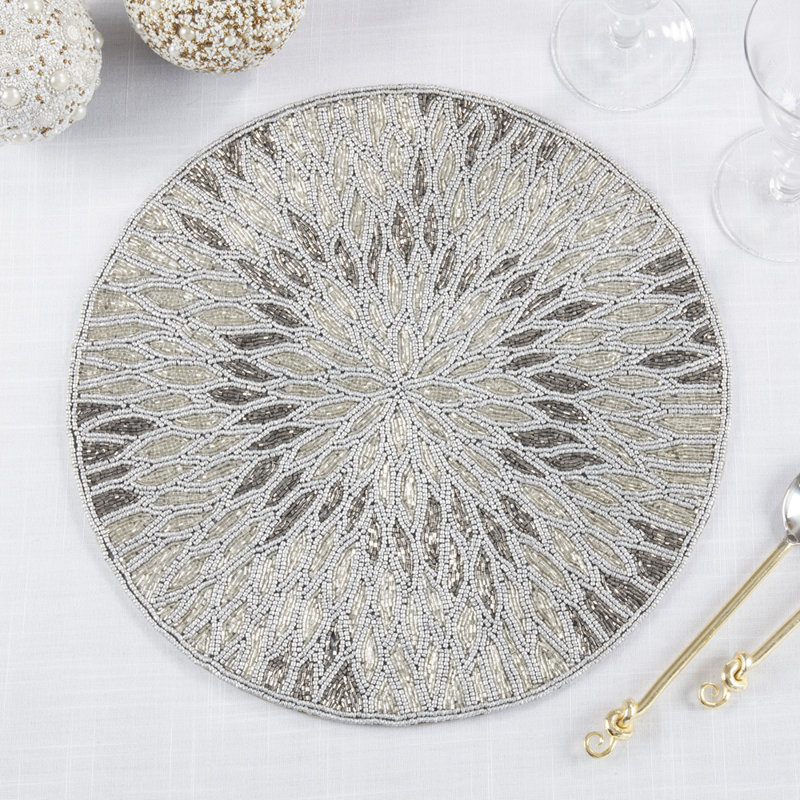 Handmade Beaded Design 15-inch Round Placemat, 1-piece, Pewter