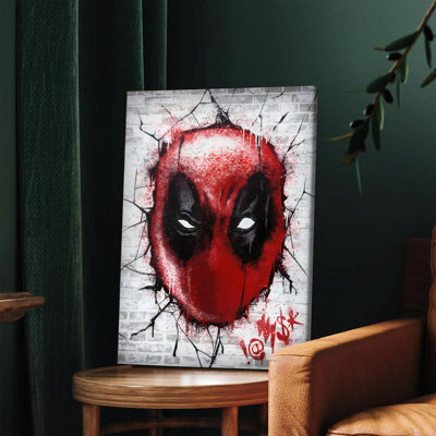 1PC Wall Arts Posters Framed,  Deadpool Graffiti Art Canvas Print, Urban Street Style Wall Decor, Superhero Mask Design, Cracked Brick Background, Modern Home Office Decoration, Unique Pop Culture Artwork for Fans, High Quality Vivid Colors