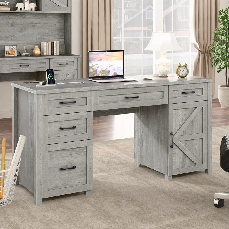 Farmhouse 61'' Executive Desk With 5 Drawers & Charging Station, Gray, Gray