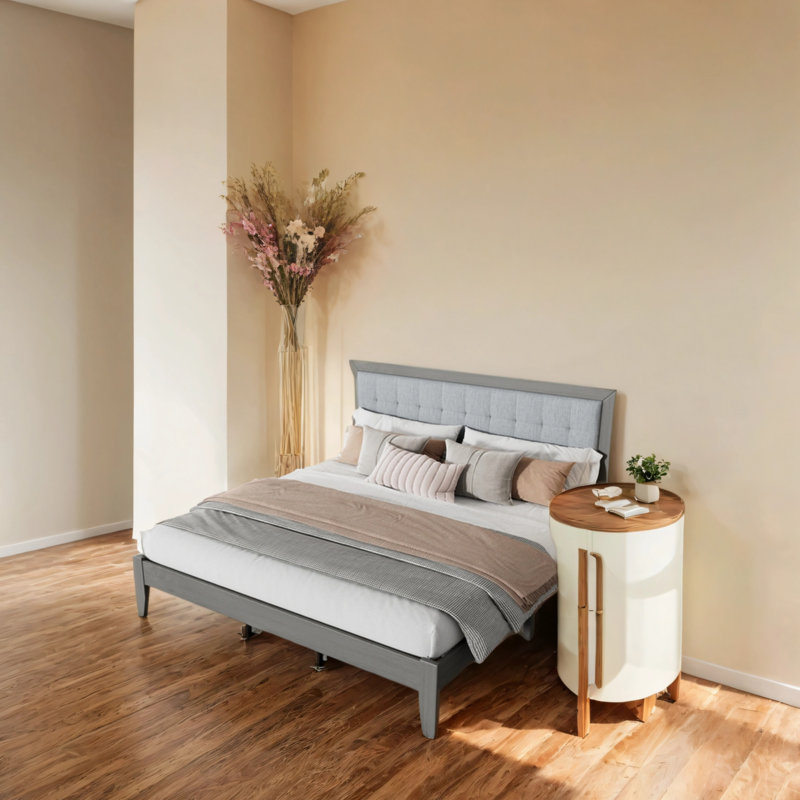 King-Size Bed Frame With Soft-Padded Headboard, King
