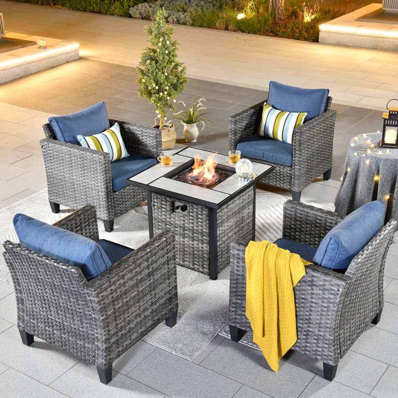 Lovall Rattan Wicker 4 - Person Seating Group with Fire Pit and Cushions, Demin Blue