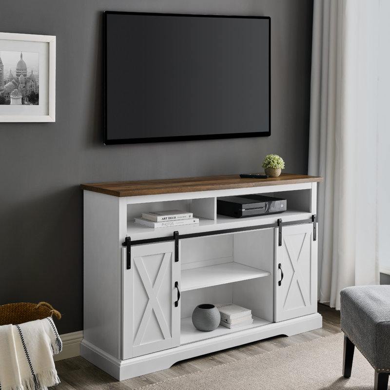 Meuble télé 52 po avec portes coulissantes pour téléviseur de 60 po ou moins Kosjo, Blanc uni / chêne rustique