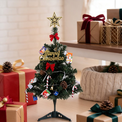 24 Inch Pre‑Lit Tabletop Artificial Christmas Tree with LED Lights, Star Topper and Assorted Ornaments, Small Desktop Christmas Tree for Indoor Holiday Home Decor