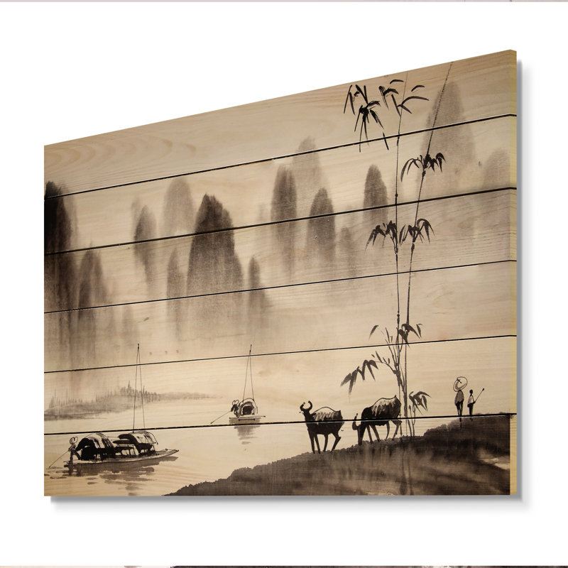 Peinture à l'encre de Chine, impression sur bois brun traditionnel, H 30 po x l 40 po x P 1 po