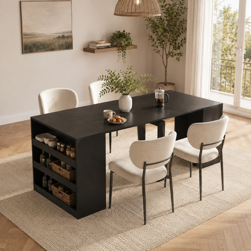Table de salle à manger extensible avec tablettes de rangement latérales, Noir