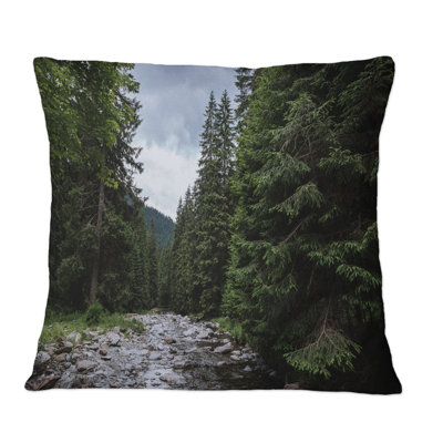 Mountain Landscape With River And Forest Trees - Traditional Printed Throw Pillow