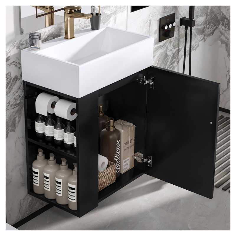 Petit meuble-lavabo de 20 pouces avec lavabo en céramique - meuble-lavabo compact moderne avec porte à motif de losanges, poignée dorée et tablettes de rangement latérales