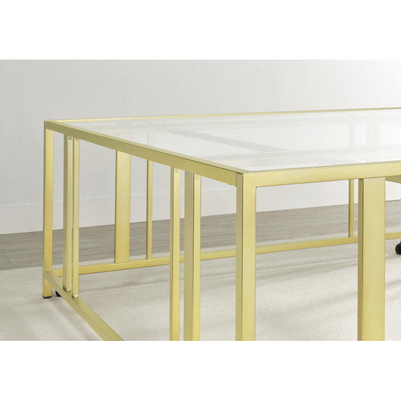 Table basse carrée avec plateau en verre et roulettes, Laiton mat