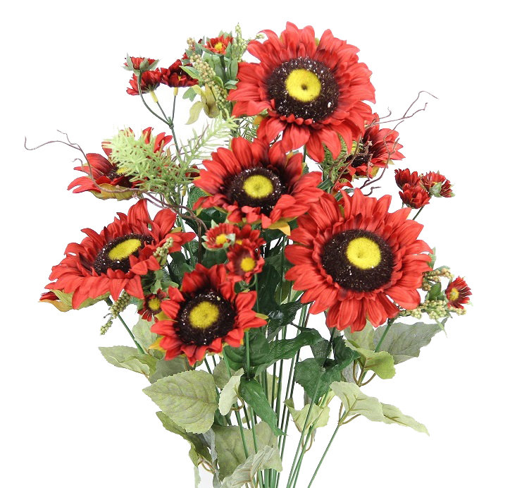 11 tournesols artificiels, Rouge brique, H 18,5 po x l 16 po x P 6 po
