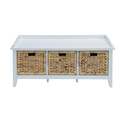 Banc rectangulaire et blanc avec 3 tiroirs de rangement, conception transitionnelle, structure de siège en bois, glissières en métal à l'avant du panier, pieds en bois massif, placage, largeur de 43 po, hauteur de 19 po et blanc