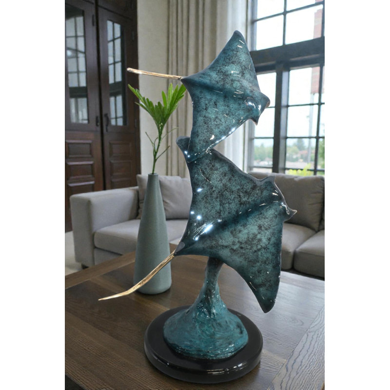 Two Stingrays Bronze Sculpture Ocean Wave Base 13"x7"x23"H