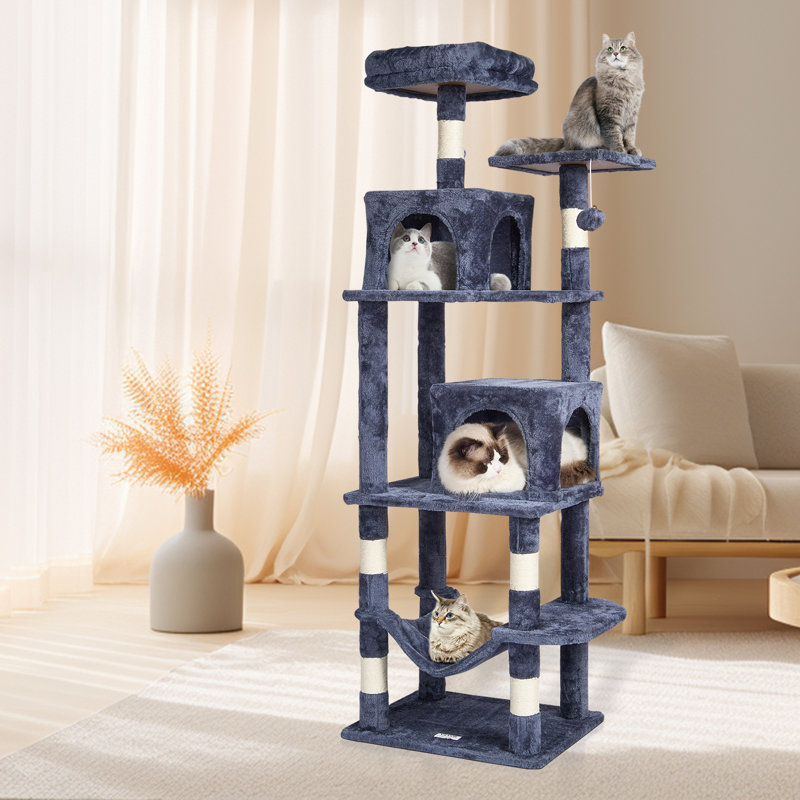 Arbre à chat pour chats d'intérieur, tour à chat de 160 cm avec 2 niches, griffoir en sisal, hamac, perchoir supérieur, plateformes de saut, grand centre d'activités avec balle suspendue, gris foncé
