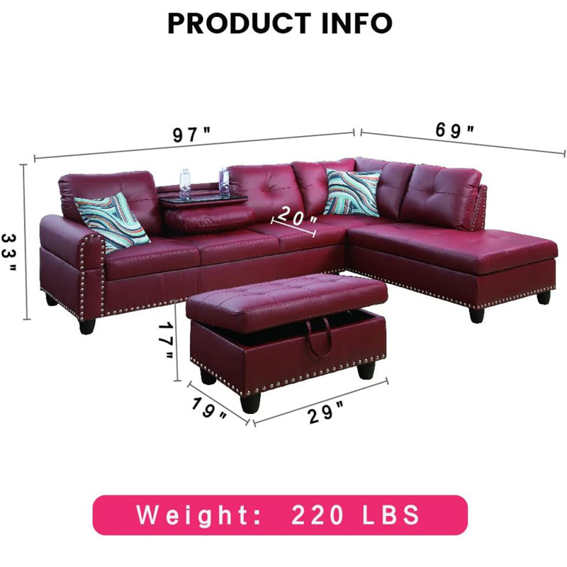 3-piece Synthetic Leather Sectional Sofa, Red Faux Leather