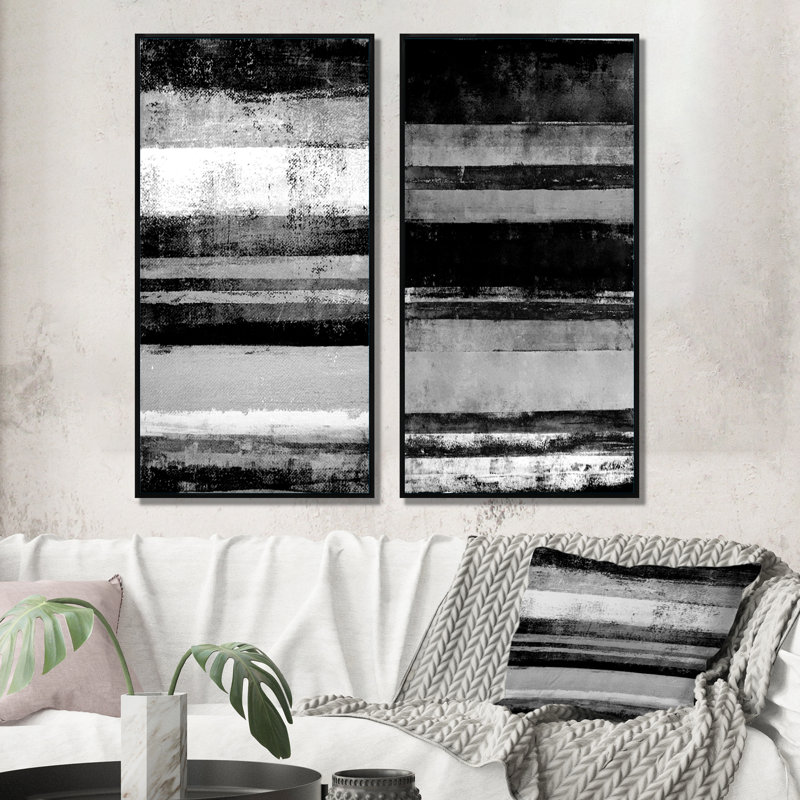 Ensemble de 2 peintures sur toiles - bandes abstraites noires et blanches, H 40 po x l 40 po x P 1 po, Cadre flottant noir