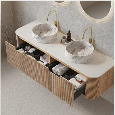 DINA 60" Bathroom Vanity with Sinks, Wall-Mounted Curved Edges Striped Bathroom Storage Cabinet with 2 Drawers, 2 White Round Ceramic Basin with Stone Pattern, Pre-assembled, Natural Woodgrain Color