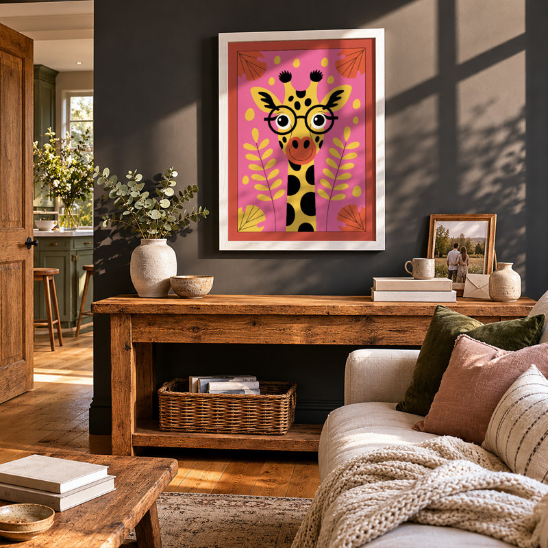 Giraffe In Golden Ferns Boho - Print, A1 - 84.1 x 59.4 cm, White