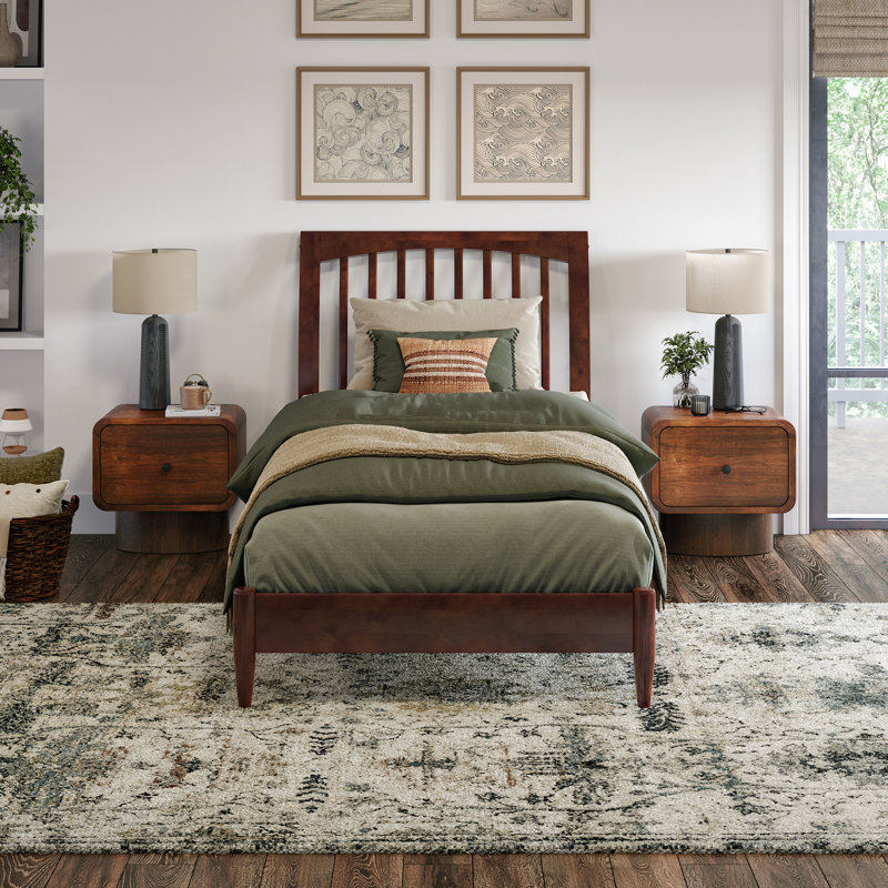 Ambie Low Profile Solid Wood Slatted Spindle Sleigh Bed, Twin XL, Walnut