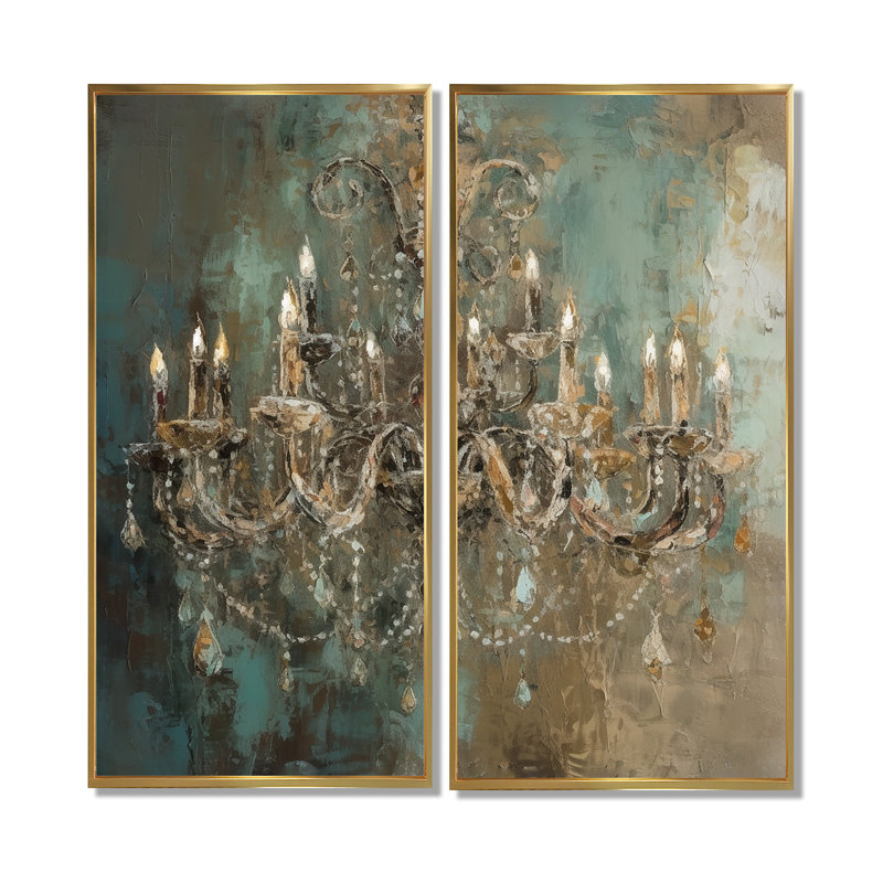 Grand chandelier «Vitrine III», 32" H x 32" W, Impression encadrée flottante, Gold