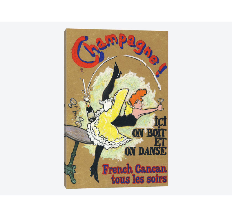 « french cancan champagne », affiche rétro sur toile, H 12 po x l 8 po x P 0,75 po