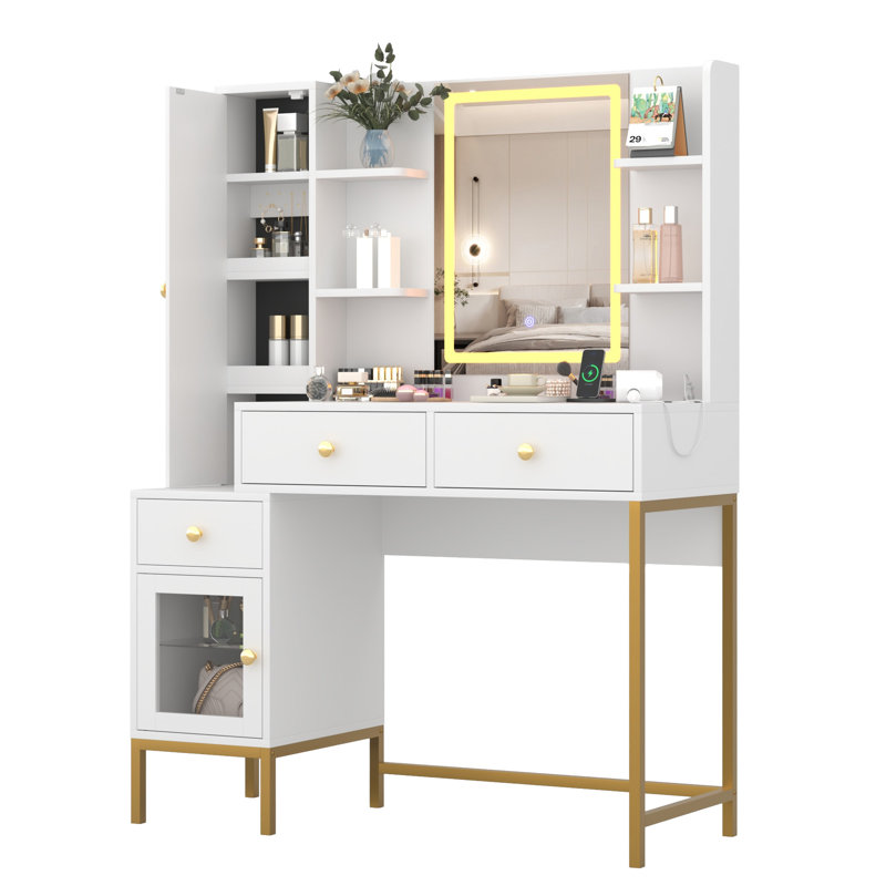 Bureau de coiffeuse avec miroir et lumières, coiffeuse de maquillage réglable à 3 modes d'éclairage, coiffeuse blanche moderne avec tabouret, station de charge, 3 tiroirs, armoire et tablettes ouvertes