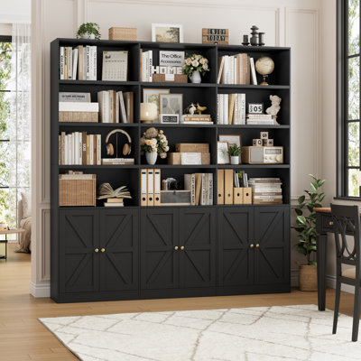 70.9" Wide Bookshelf, Tall Bookcase with 12 Open Shelves and 3 Cabinets, Large Wooden Bookshelves