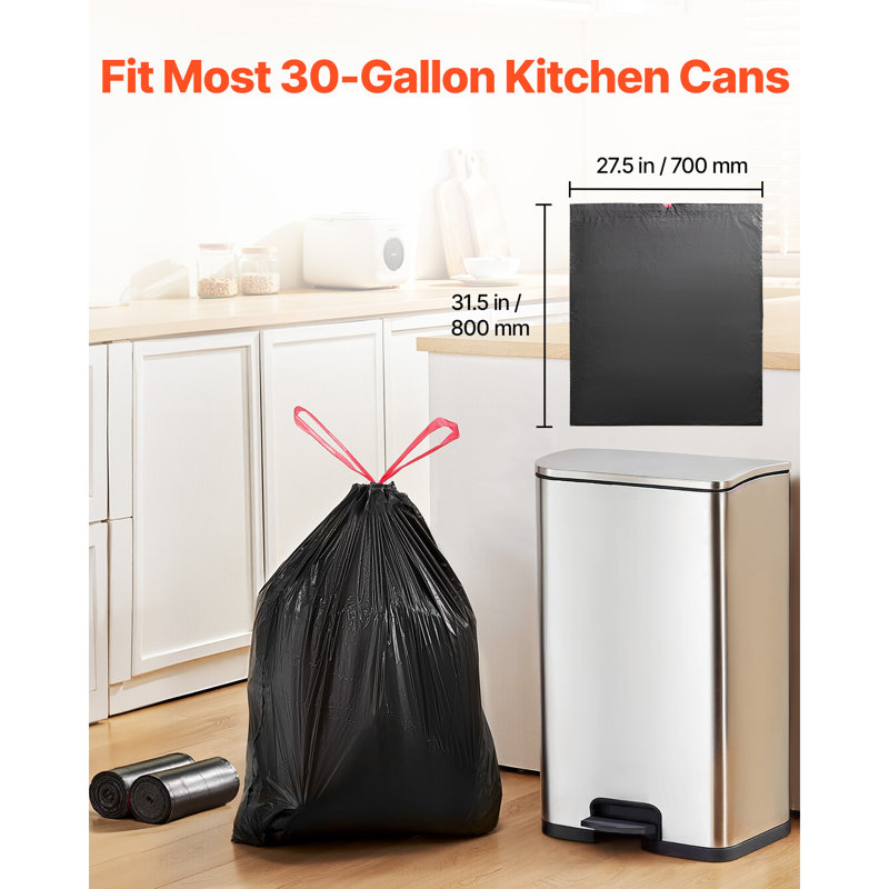 Sacs à déchets à cordon, 30 gallons, lot de 50, grands sacs poubelle de cuisine, sacs poubelle extra épais, résistants et durables, sacs poubelle recyclables avec cordons de serrage, pour bureau, VR et camping (noir)