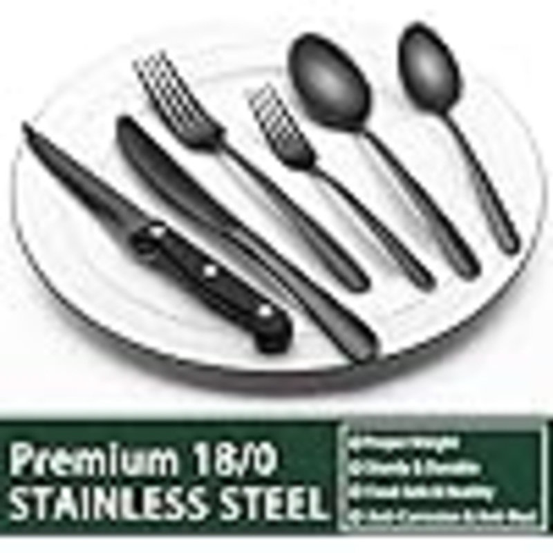 Ensemble de couverts noirs robustes, ensemble de couverts en acier inoxydable 24 pièces avec couteaux à steak pour 4 personnes, ensemble de couverts de qualité alimentaire, ensembles d'ustensiles pour la maison, finition miroir, va au lave-vaisselle