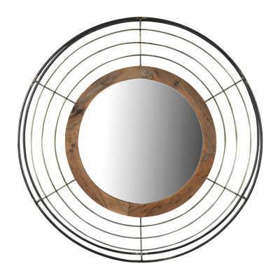Modern Round Wall Mirror with Wood and Wire Frame