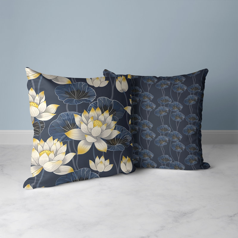 Coussin intérieur / extérieur Lotus Dreams, H 16 po x l 16 po, Bleu/jaune