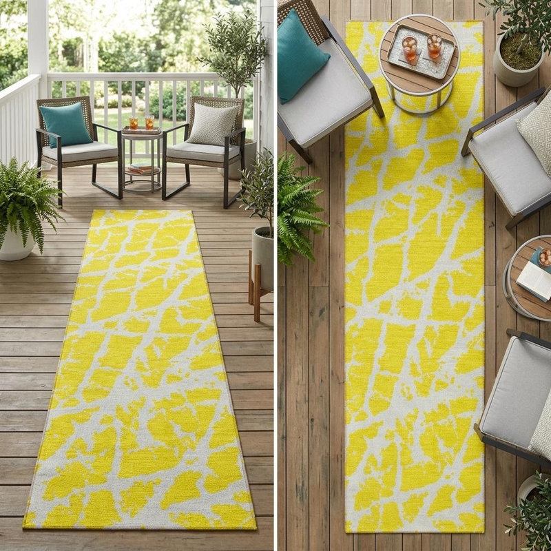 8' Runner Yellow and White Abstract Washable Non Skid Indoor Outdoor Runner Rug