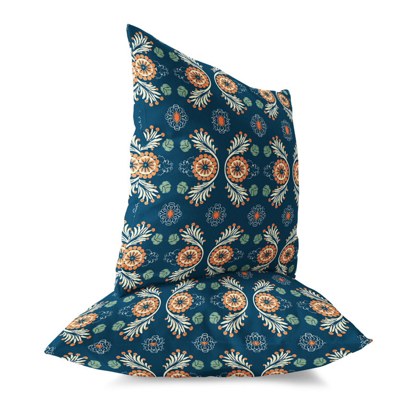 Blue and Orange Floral Reversible Square Throw Pillow