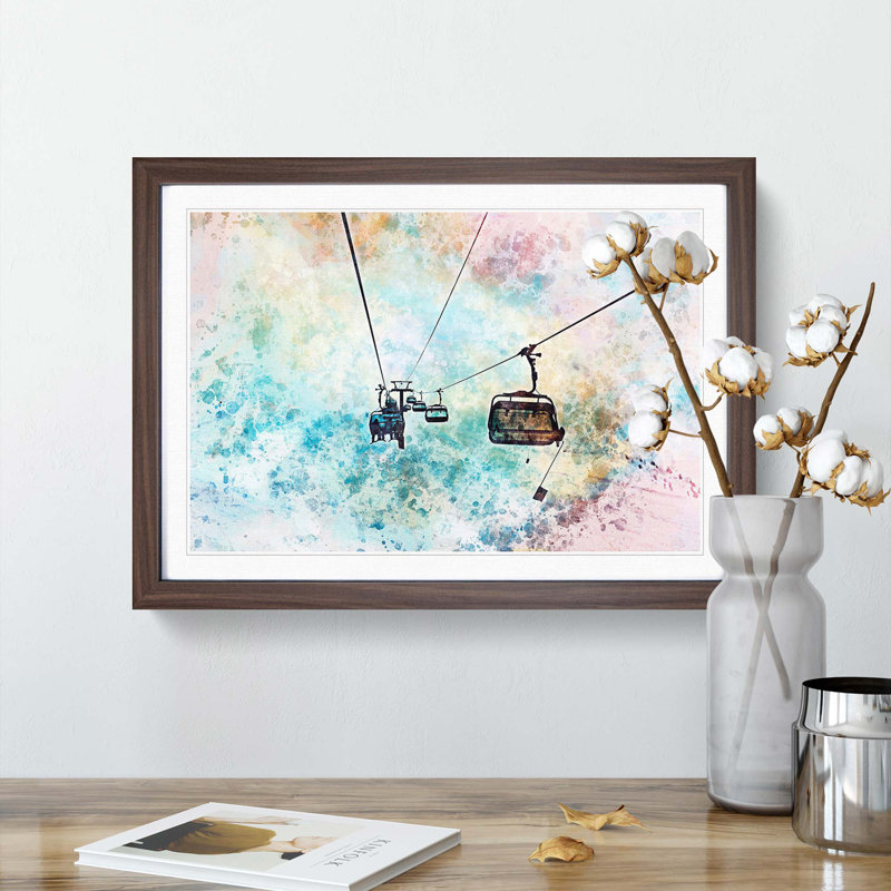 Riding the Ski Lift in Abstract - Picture Frame Painting Print, 35cm H x 50cm W x 2cm D, Walnut