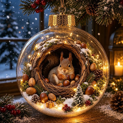 Christmas Decor Christmas Ball Ornament Featuring  Interior 2D Acrylic Flat  Of Animals In A Hibernation Scene.