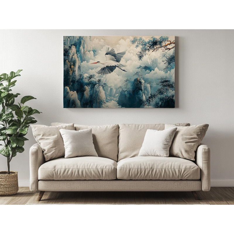 Superbe grue blanche survolant des montagnes bleues brumeuses, reproduction d'art sur toile tendue à la main pour la maison, reproduction de peinture