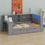 Lit plateforme en bois avec tablettes de rangement, tiroirs, station de charge, DEL, bureau et tête de lit tapissier-225808089-225808088