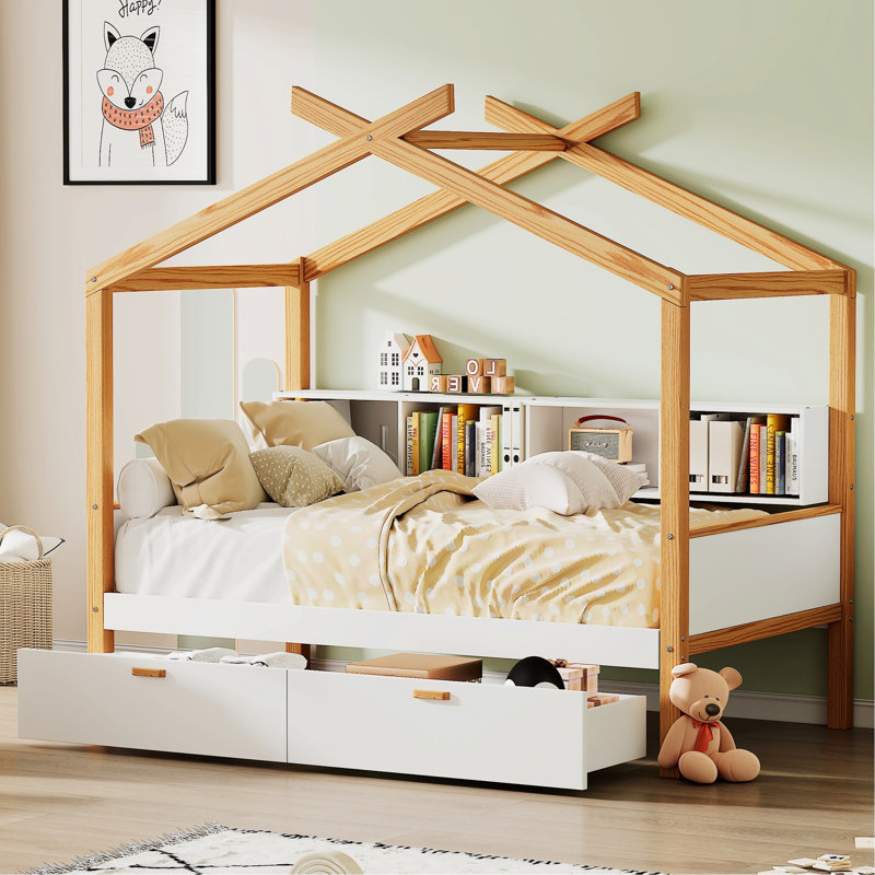 Lit moderne, cadre de lit en bois avec tiroirs et tablette de rangement