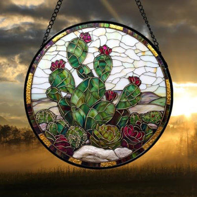 Stained Glass Window Hanging,Green Cactus Purple Flowers Suncatcher Diamond Glass Panel Sun Catchers Decor For Birthday For Women, Men, Wife, Aunt, And Mom 14.9X14.9 In