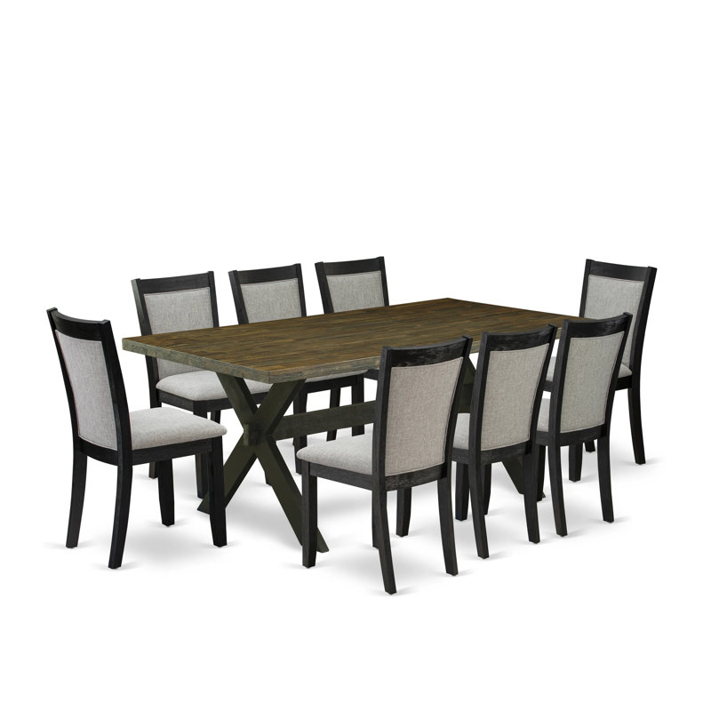 9 Piece Dining Room Furniture Set Includes a Rectangle Dining Table with X-Legs and 8 Shitake Linen Fabric Upholstered Chairs, Wire brushed Black