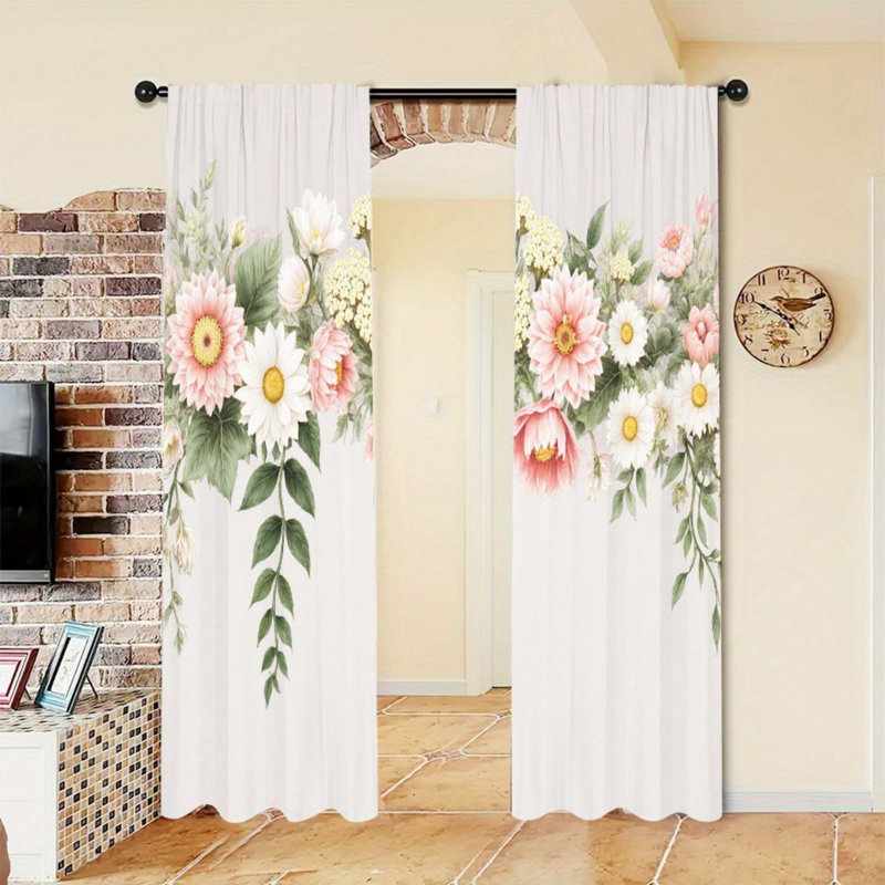 2PCS Delicate Floral Print Light Filtering Curtain with Pink White Daisy and Dahlia Garland Design, Spring Garden Decor, Easy Hang Rod Pocket, All-Season Curtains for Home Living Room Bedroom Dormitory Cabinet Decoration