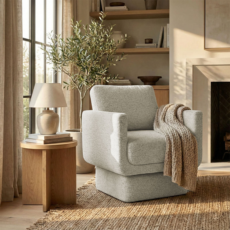 Fauteuil d'appoint pivotant en tonneau beige, Blanc